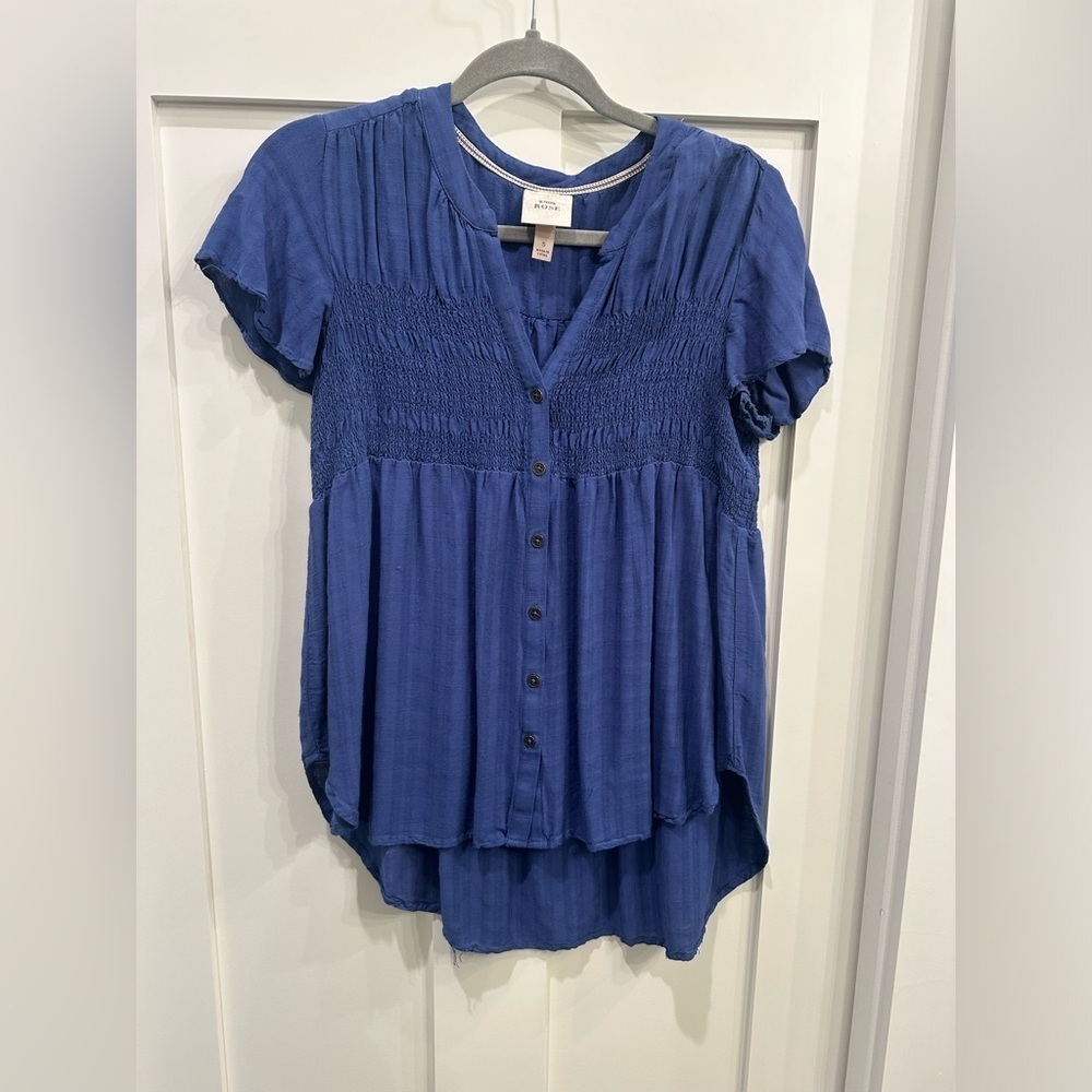 Knox Rose Women's S Smocked Babydoll Peasant Top Blue Short Sleeve Button Front